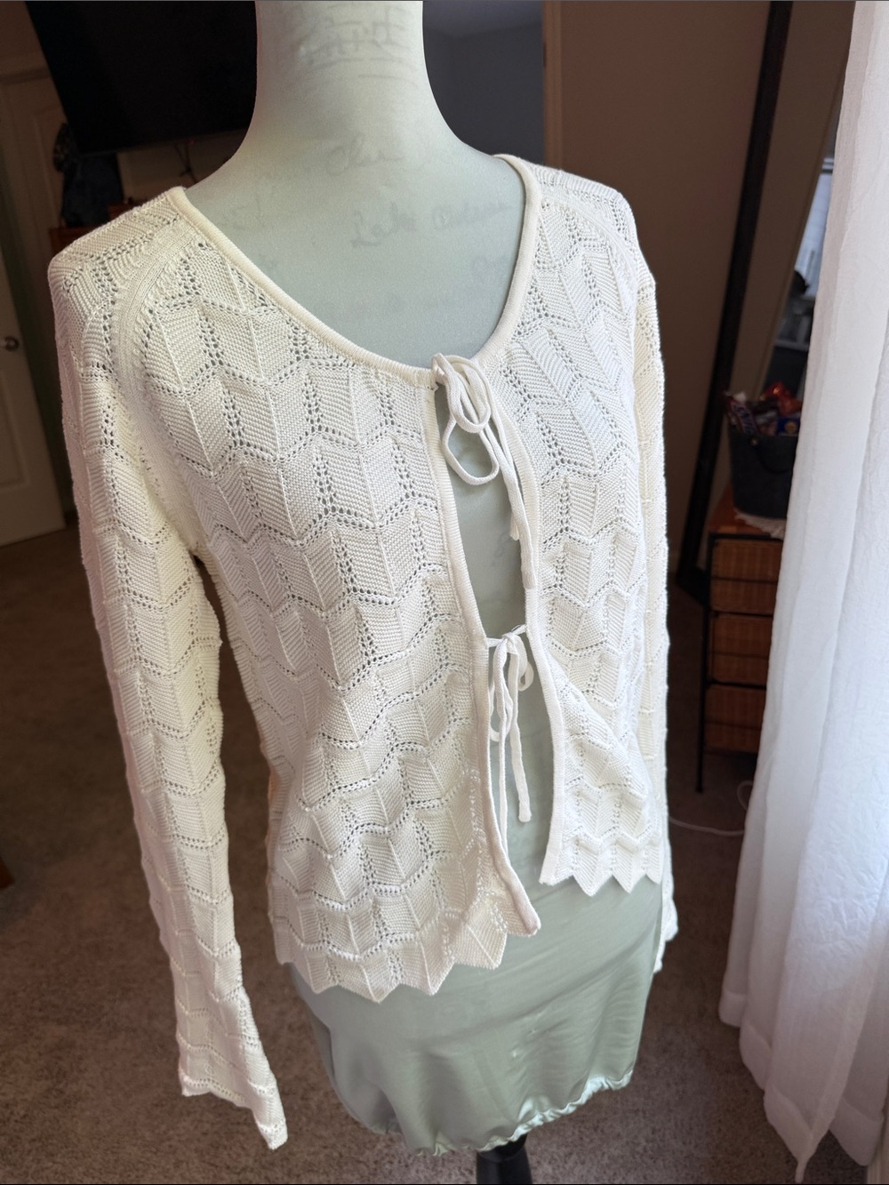 Celebrity Pink Cream Open-Knit Tie Front Cardigan